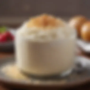 Creamy Texture of Diabetic Rice Pudding Close-up of creamy rice pudding with a drizzle of sugar-free syrup