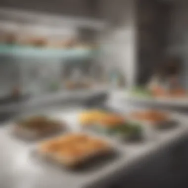 Healthy Frozen Meals in a Contemporary Kitchen A modern kitchen setting with an open freezer filled with healthy frozen meals.