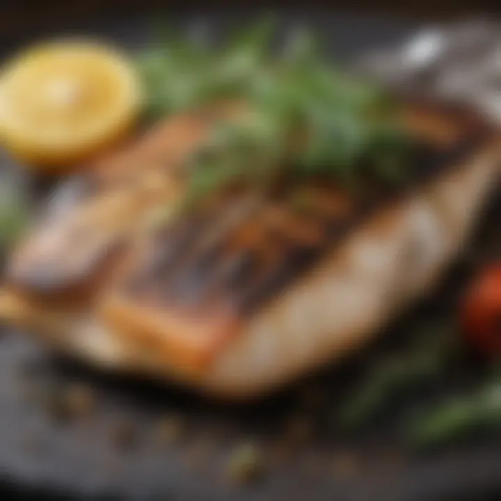 A beautifully grilled fish fillet adorned with herbs, representing a healthy and gout-conscious dinner choice.