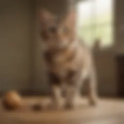 A cat poised in a hunting stance, ready to pounce on a mouse.