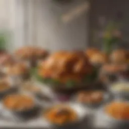 A beautifully arranged Easter feast with vibrant dishes and decorations.