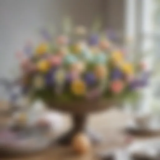 Elegant Easter centerpiece featuring pastel flowers and decorative eggs
