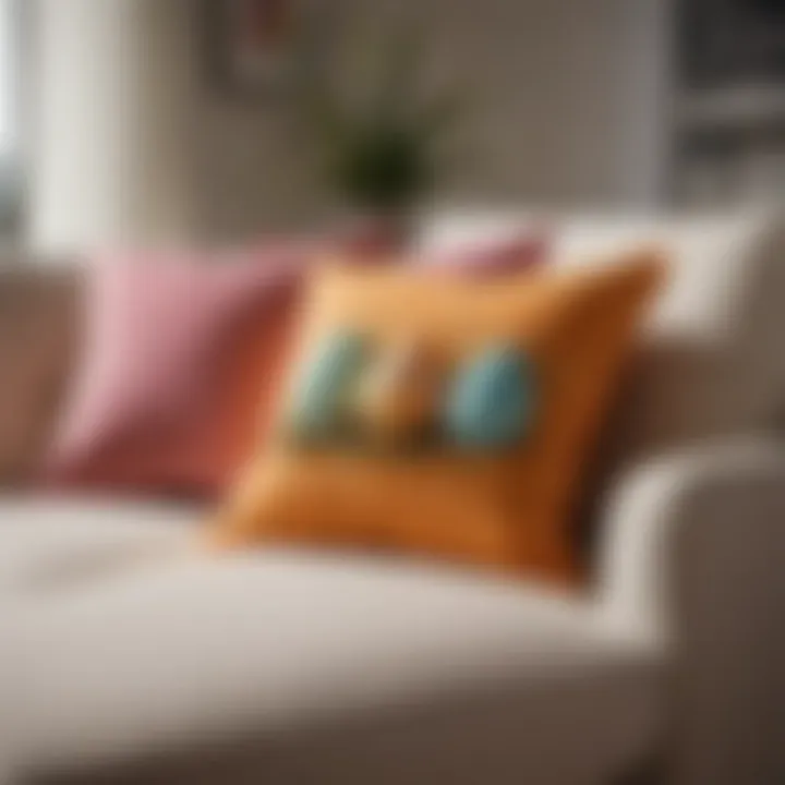 Stylish Easter-themed throw pillows on a cozy sofa