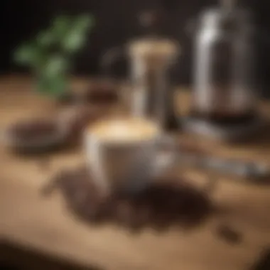 An assortment of coffee beans and brewing tools arranged aesthetically on a wooden table