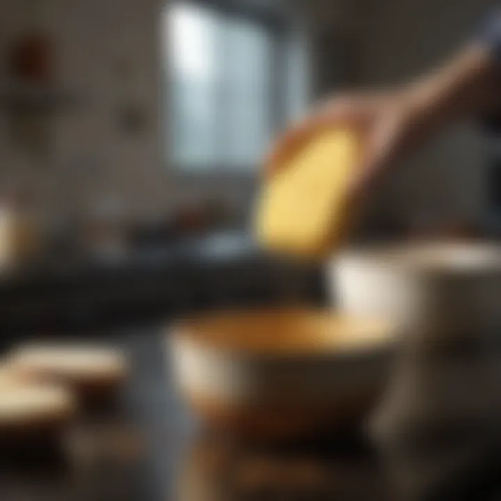 A person scrubbing a pot with a sponge