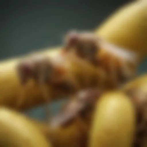 Close-up of fruit flies on a ripe banana