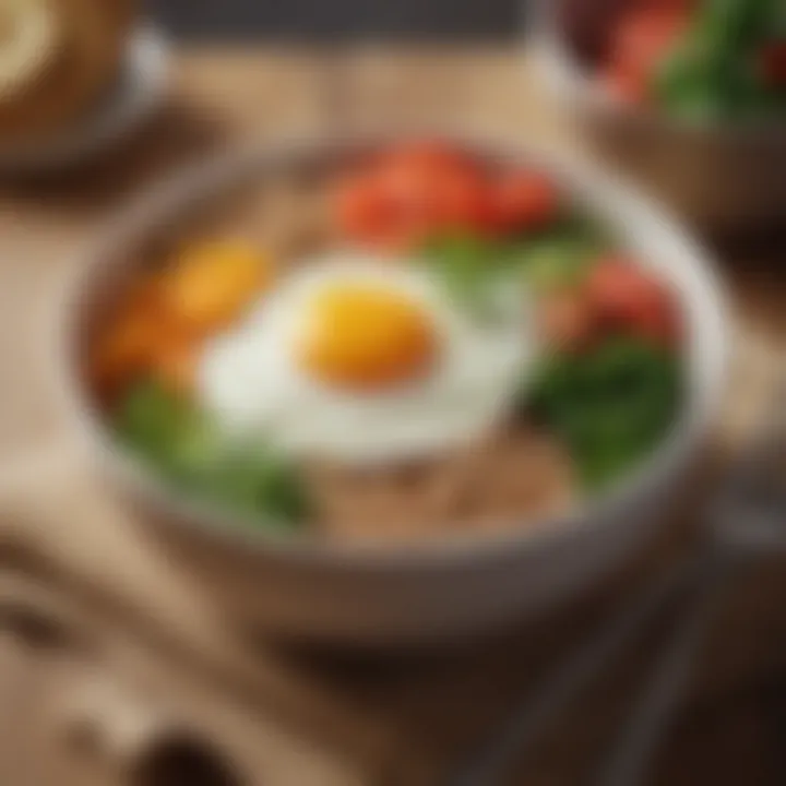 An aesthetically pleasing plate of a nutritious breakfast bowl featuring grains and vegetables.