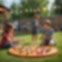 Colorful outdoor setting with children playing a party game.
