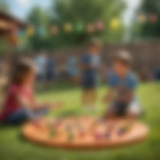 Colorful outdoor setting with children playing a party game.