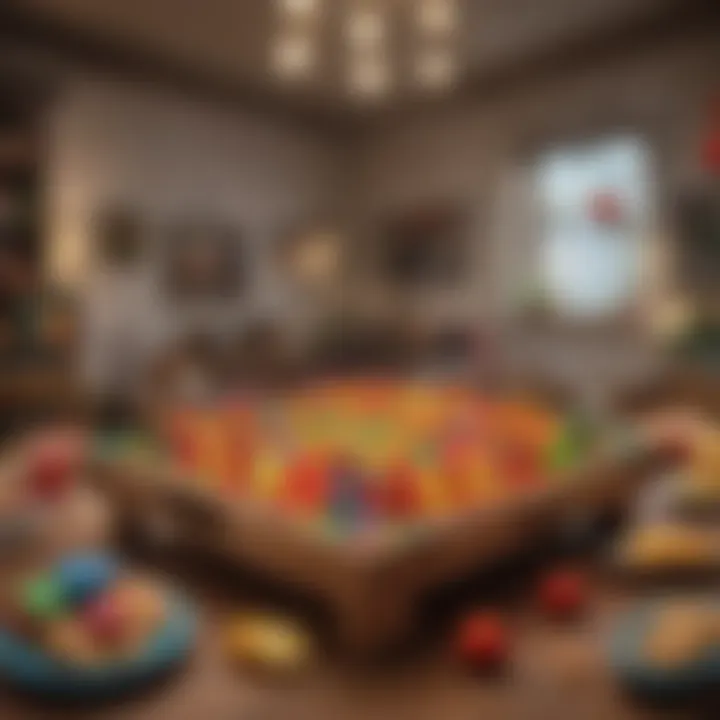 Creative indoor game setup with colorful props.