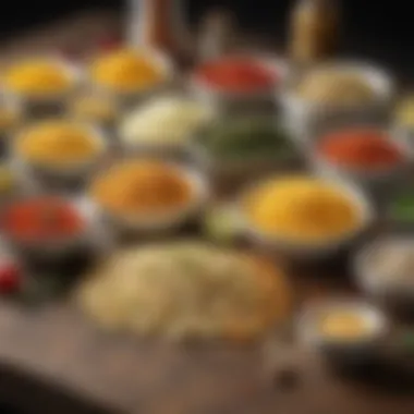 An array of dressings and seasonings for enhancing macaroni salad.