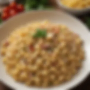 A beautifully plated macaroni salad garnished with herbs.