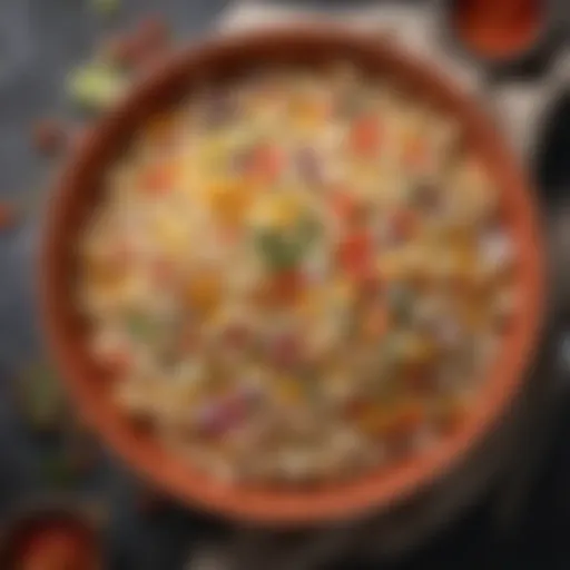 A vibrant bowl of macaroni salad showcasing colorful ingredients.