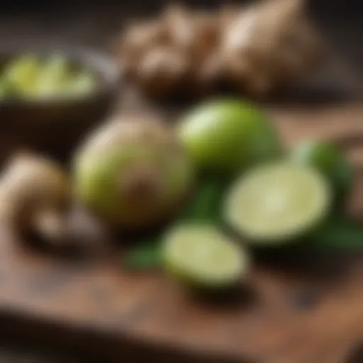 Close-up of fresh ginger root and lime on a wooden table