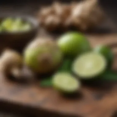 Fresh Ginger and Lime for Mule Drinks Close-up of fresh ginger root and lime on a wooden table