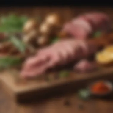 Flavor Enhancements for Essential Meats An assortment of herbs and spices arranged alongside essential meats, highlighting their culinary versatility.