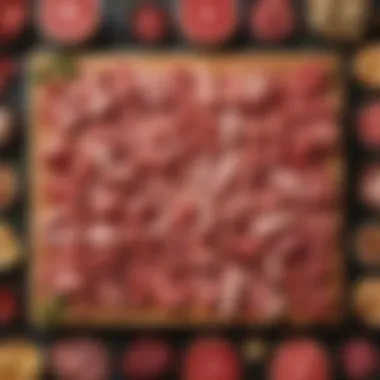 Diverse Cuts of Essential Meats A variety of essential meats displayed artfully on a wooden board, showcasing their textures and colors.