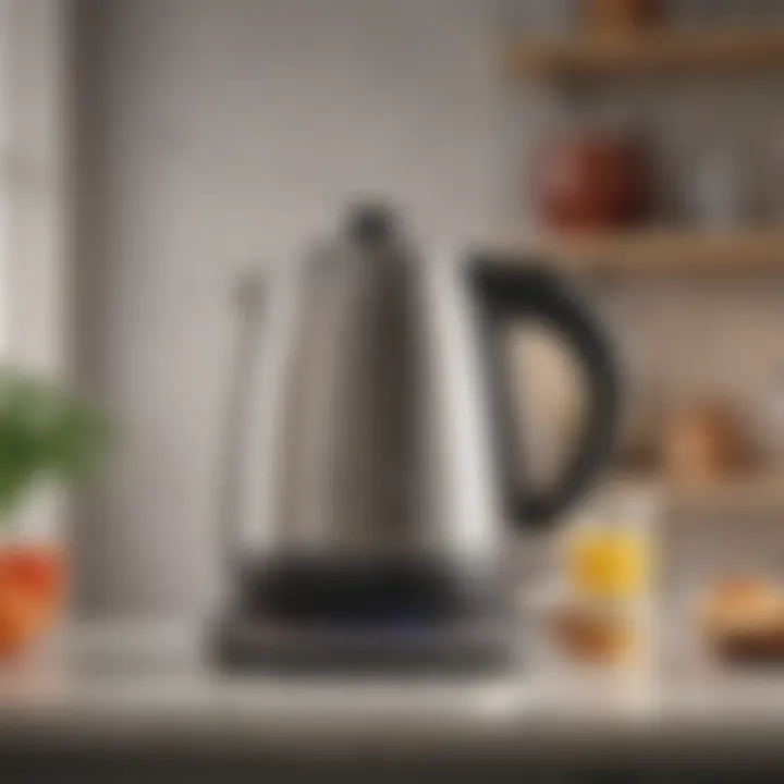 Stylish electric kettle on a kitchen shelf