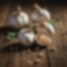 Garlic bulbs on a rustic wooden surface