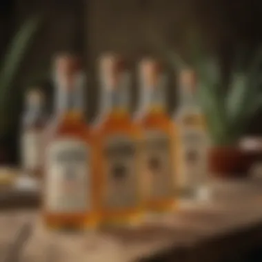 Bottles of agave syrup displayed on a rustic table