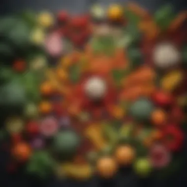 Vibrant Vegan Ingredients Colorful array of fresh vegetables and fruits illustrating a vibrant vegan diet.