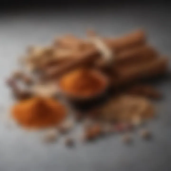 Artfully arranged spices including Agobi Ceylon cinnamon, emphasizing its role in wellness and flavor enhancement