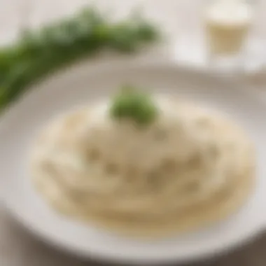 A gourmet plate featuring almond milk Alfredo sauce garnished with herbs