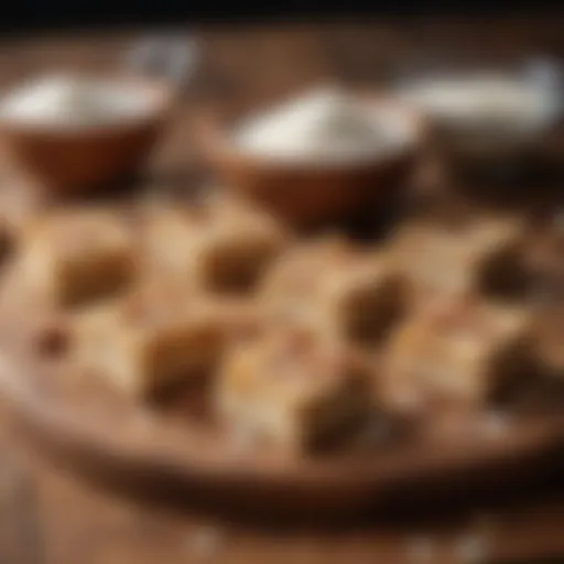 Deliciously arranged almond and coconut bars on a wooden platter.