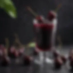 A glass of vibrant black cherry juice surrounded by fresh black cherries