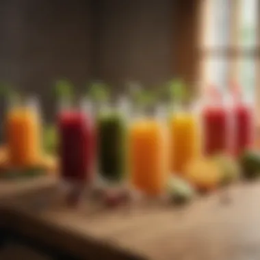 Array of Freshly Squeezed Juices A vibrant array of freshly squeezed juices in glass containers on a wooden table