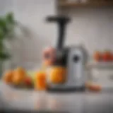 A sleek modern manual juicer placed on a kitchen countertop surrounded by fresh fruits