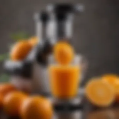 Juicing Oranges with Manual Juicer Close-up view of a manual juicer extracting juice from vibrant oranges