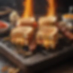 A close-up view of Brazilian grilled cheese skewers over an open flame