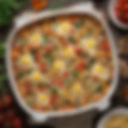 A beautifully layered breakfast casserole with colorful vegetables
