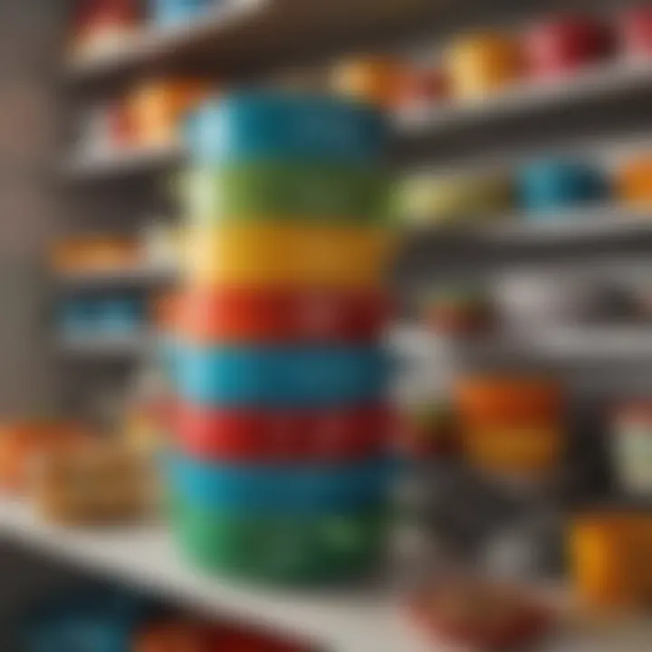 Colorful casserole dishes stacked in a pantry