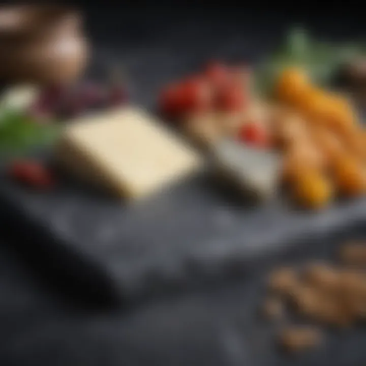 Close-up of slate cheese board featuring unique engravings and textures