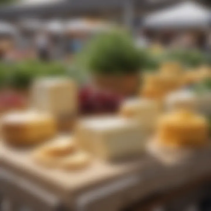 A farmer's market featuring stalls dedicated to plant-based cheese products.