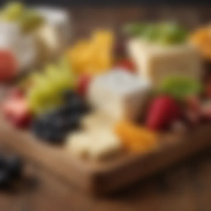 A beautiful cheese platter featuring an assortment of non-dairy cheeses and fresh fruits.