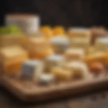 An array of vibrant non-dairy cheese options displayed on a rustic wooden board.