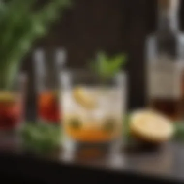 An elegant tequila cocktail garnished with herbs and fruit