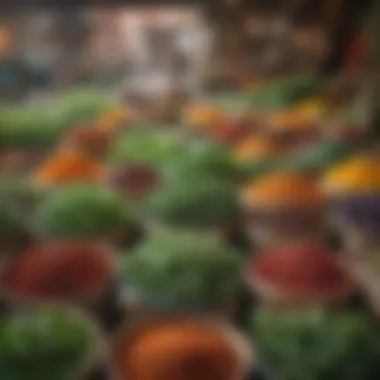 A vibrant farmers' market stall showcasing fresh herbs and spices