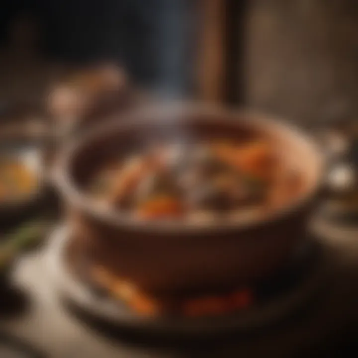 A traditional clay pot filled with simmering stew over an open flame