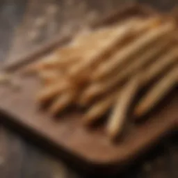 A close-up view of crispy sesame seed sticks arranged elegantly on a rustic wooden platter.