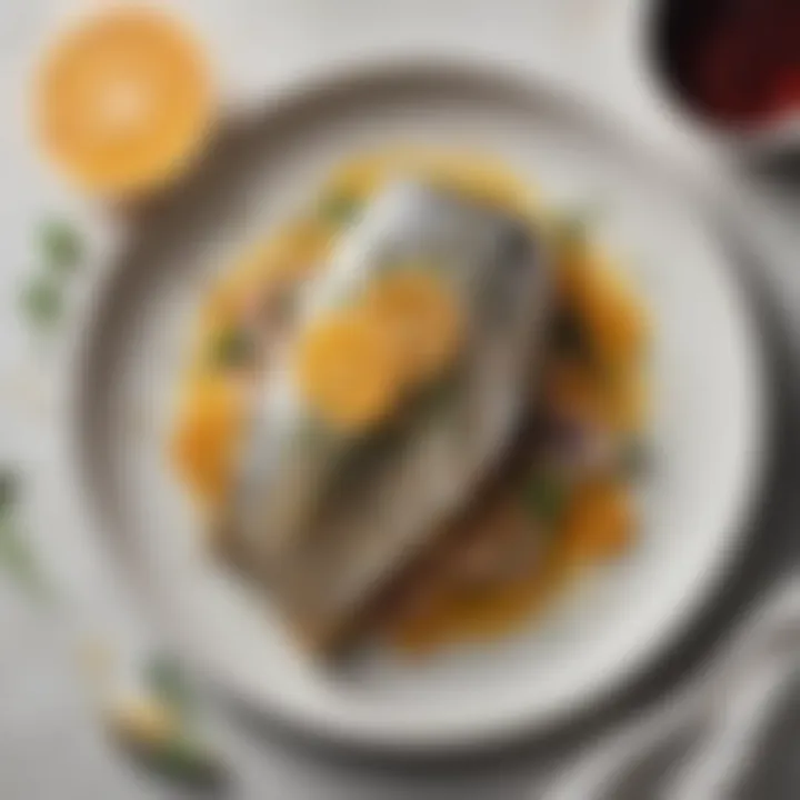 Pan-seared branzino fillet garnished with citrus