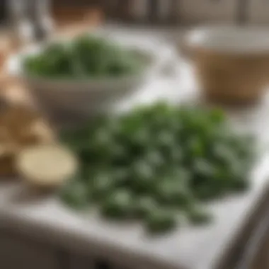 A serene kitchen scene with fresh spinach and artichokes on a countertop