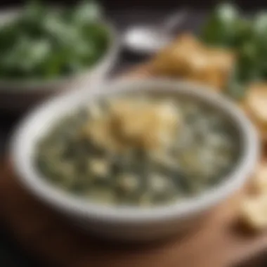 A close-up of a spinach artichoke dip served in a stylish bowl