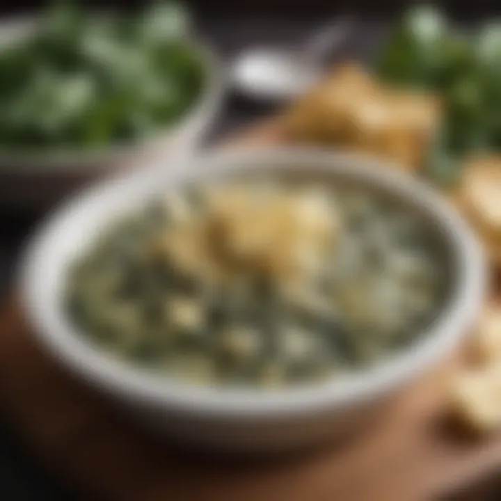 A close-up of a spinach artichoke dip served in a stylish bowl