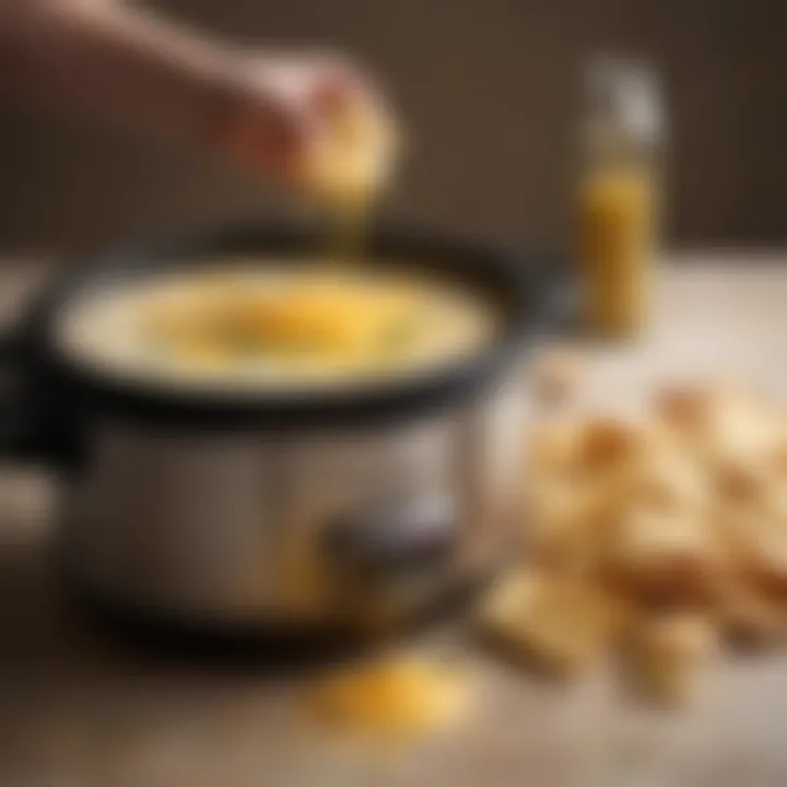 A slow cooker filled with bubbling cheese dip
