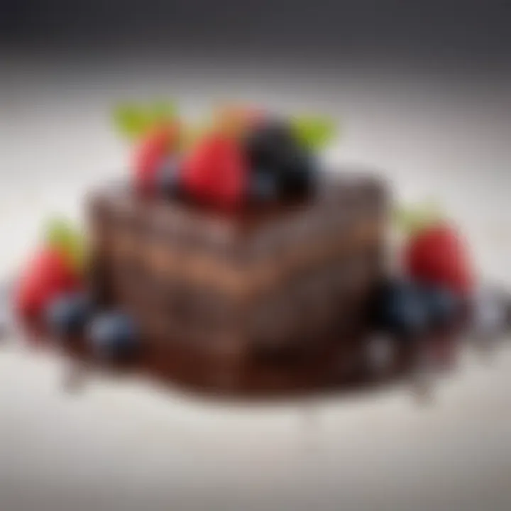 A close-up of a dessert featuring fresh berries and a rich, dark chocolate sauce.