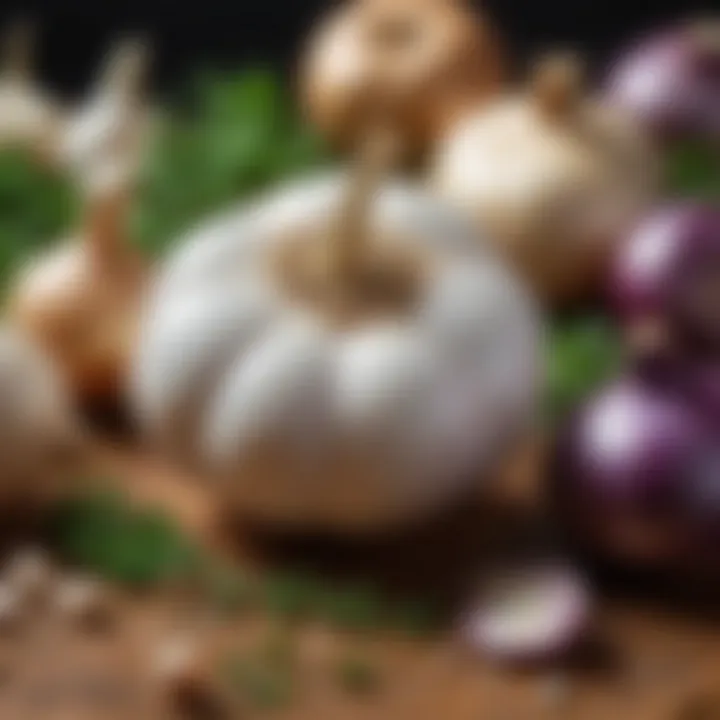 An artistic arrangement of savory ingredients like garlic, onions, and herbs.